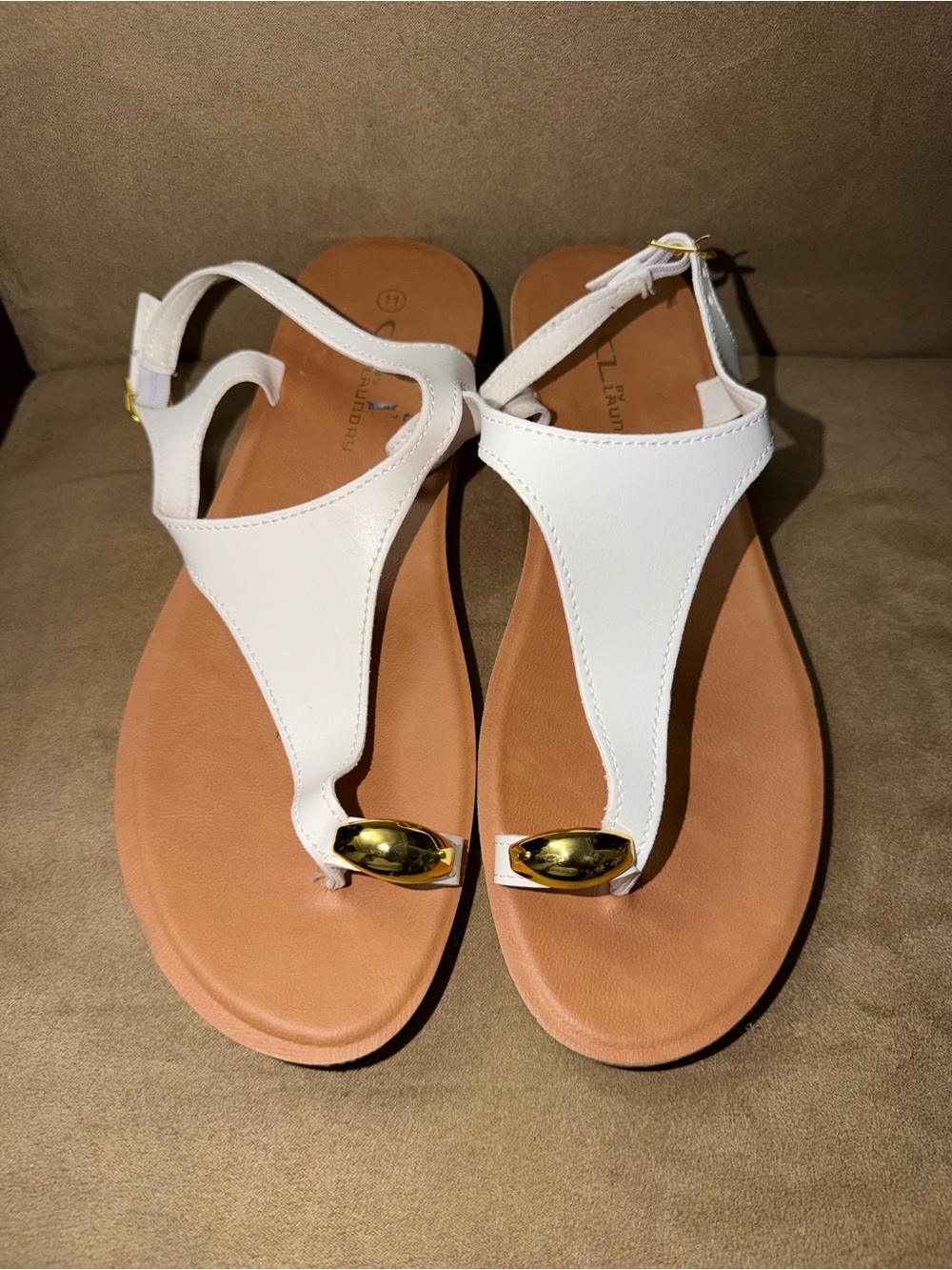 Chinese Laundry White T-Strap Sandals with Gold Accent